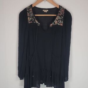 Anthropologie Anama Boho Oversized Black Top with Floral Accents